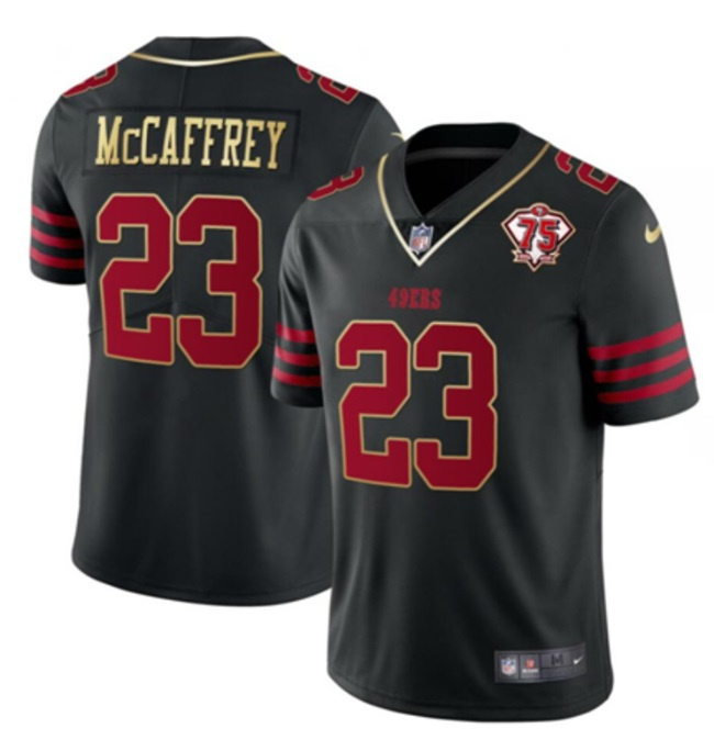 Men's San Francisco 49ers #23 Christian McCaffrey Black With 75th Anniversary Patch Stitched Jersey Men's San Francisco 49ers #23 Christian McCaffrey Black With 75th Anniversary Patch Stitched Jersey